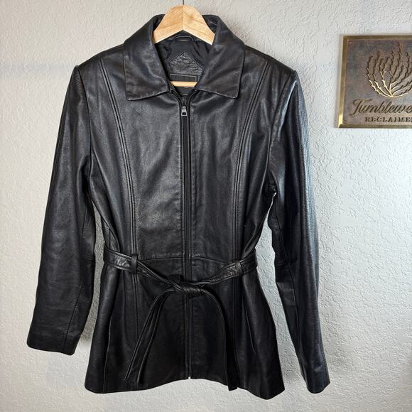Women's Outbrook Black 100% Leather Zip Front Tie Waist Coat Size Small - Picture 1 of 9